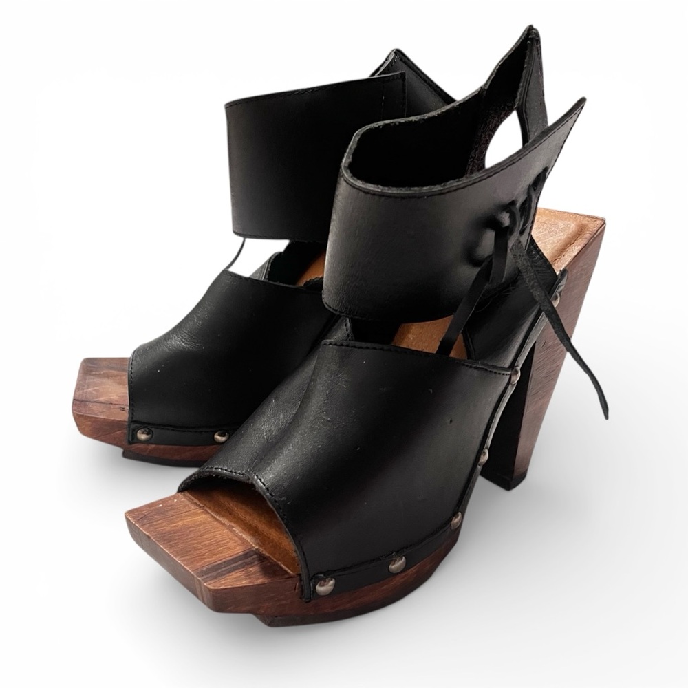 NWOB John Fluevog Rahab Black Leather Wood Lace Up Platform Peep Heel Square 8 - Picture 4 of 12